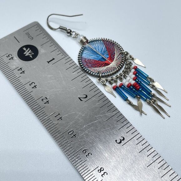 Cute Southwestern Silvertone Blue White Red Beaded Dangle Dream Catcher Earrings - Picture 6 of 6